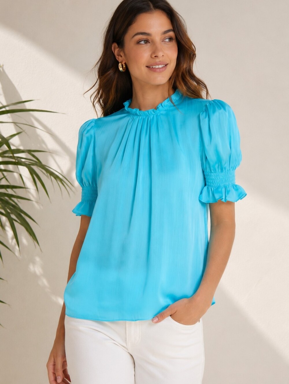 Trina Turk - Sunrise Top with Puff-Sleeve Ruffle Neck - Turquoise, Size Med